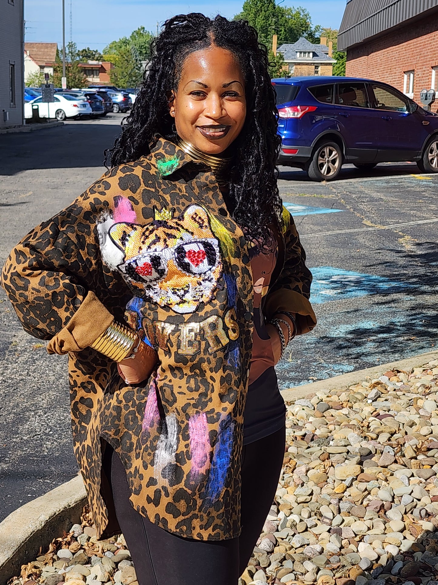 Leopard Print Sequin Denim Tunic Jacket