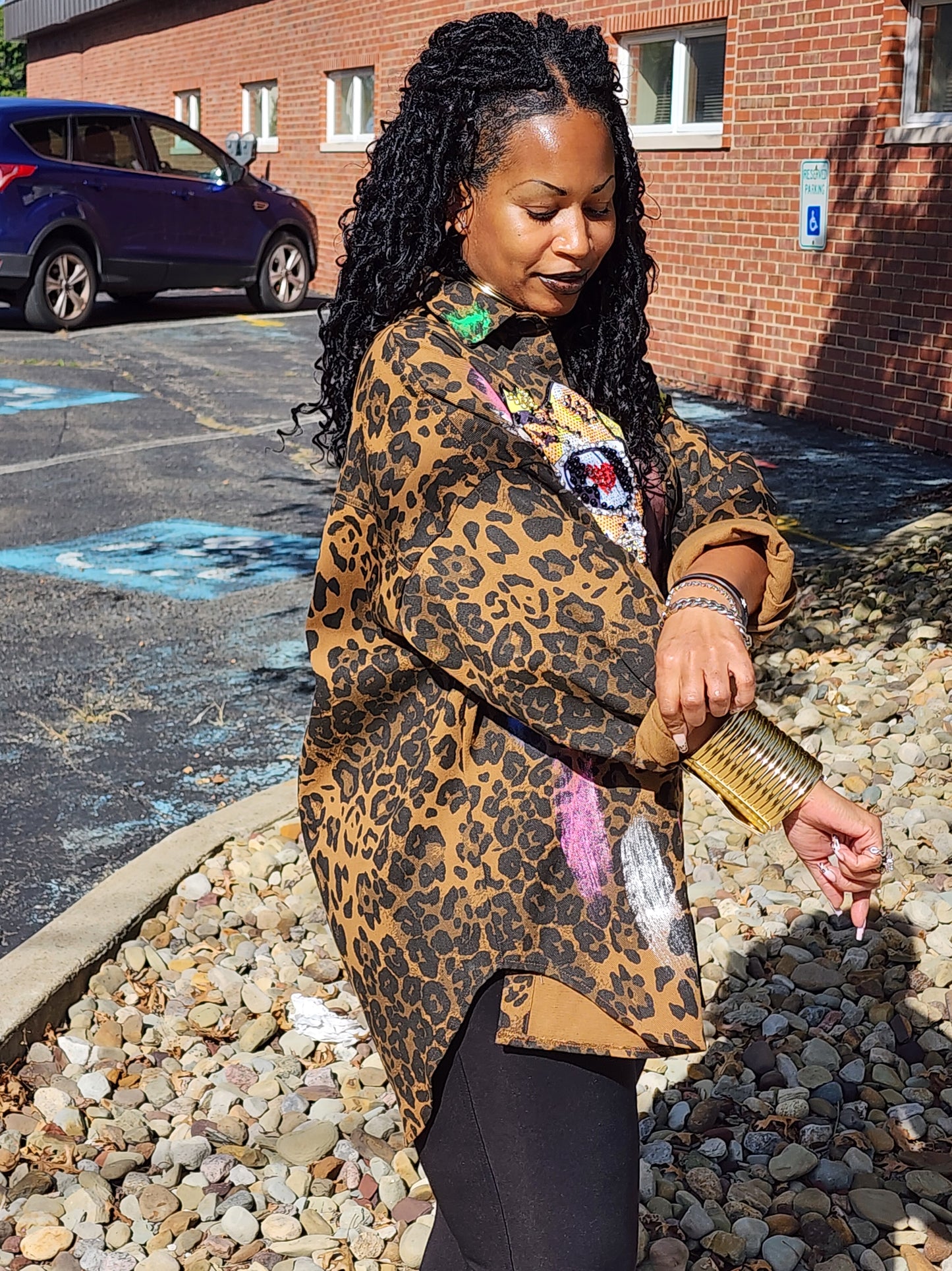 Leopard Print Sequin Denim Tunic Jacket