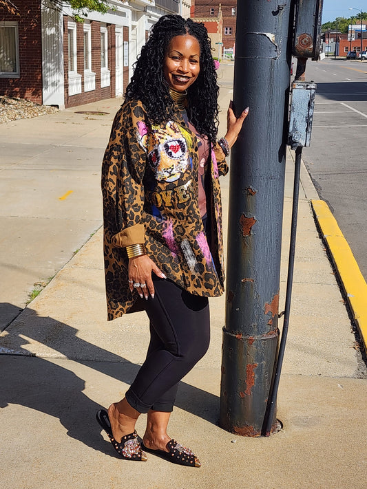 Leopard Print Sequin Denim Tunic Jacket