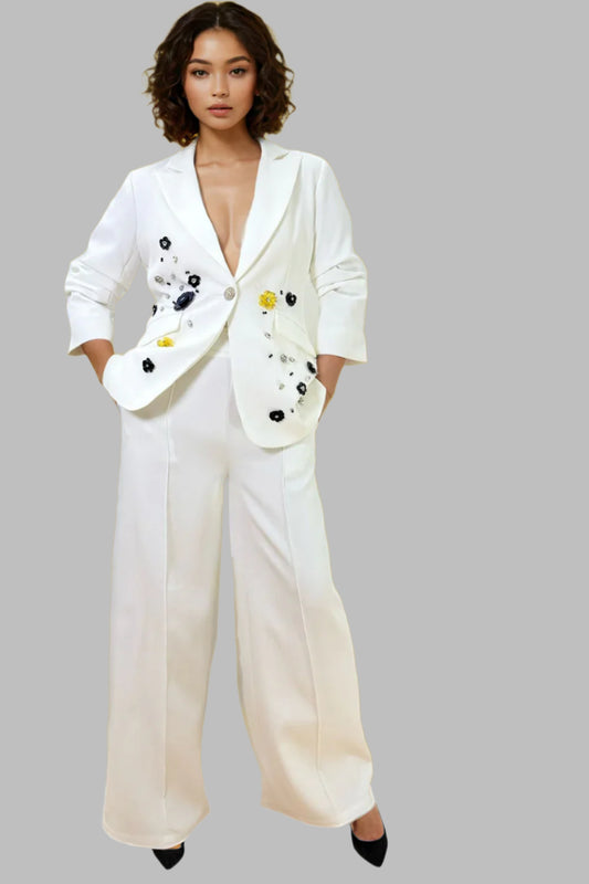 White Ruched Sleeve Pant Suit – Sophisticated Two-Piece Style
