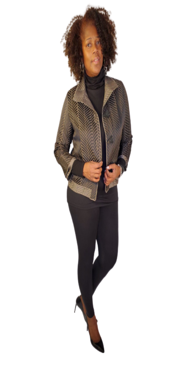 Black and Taupe Couture Jacket with Geometric Design and Triangle Buttons