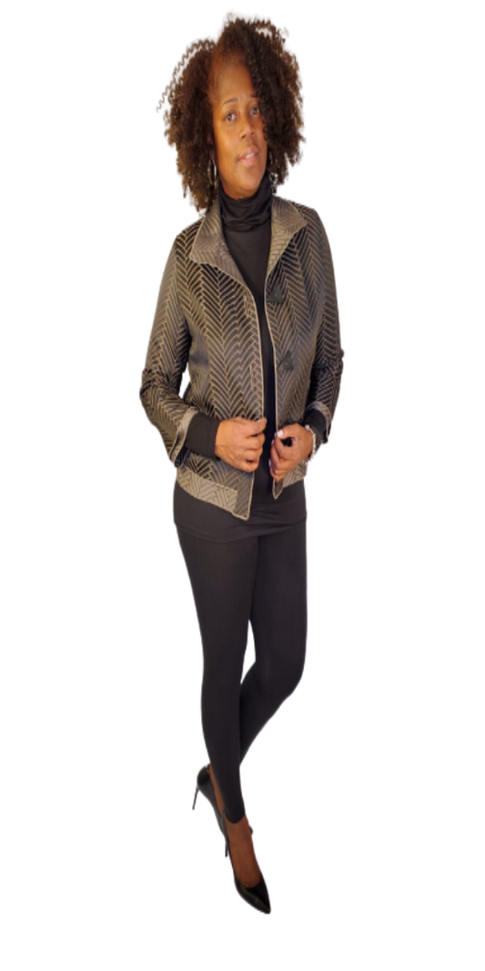 Black and Taupe Couture Jacket with Geometric Design and Triangle Buttons
