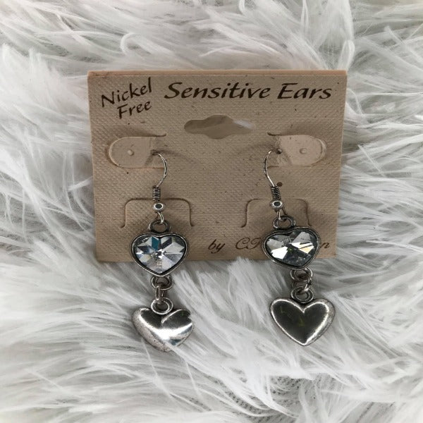 Silver Rhinestone  Heart Earrings