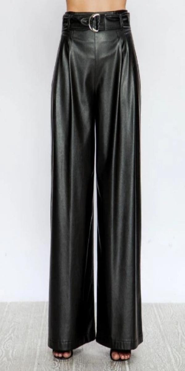 Black Leather Faux Wide Leg Pants with Circle Belt