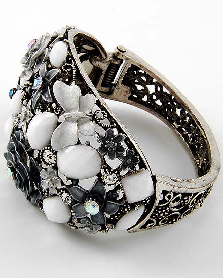 Black white an Antique silver flower bracelet