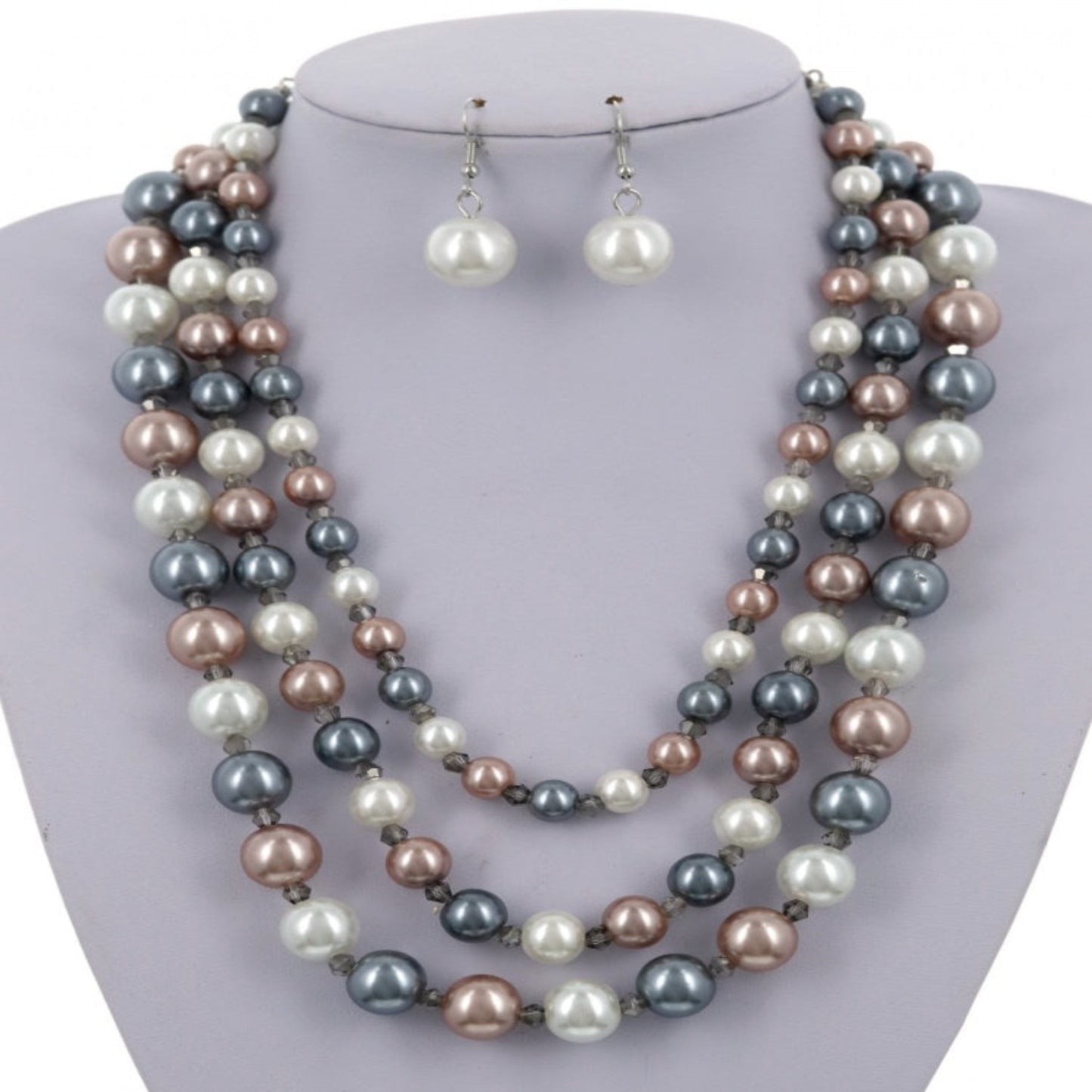3 Strand Pearl Glass necklace and earring set