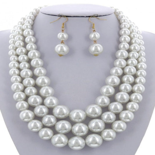 3 Strand Pearl  Necklace and earring set with gold hardware