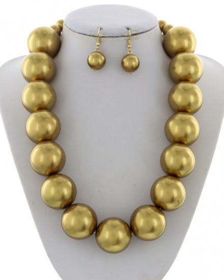 matte gold synthetic pearl statement acrylic metal necklace and earring set