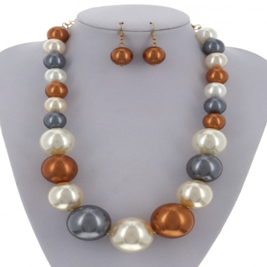 Cream Bronze and Grey Pearl Statement Necklace and Earring Set