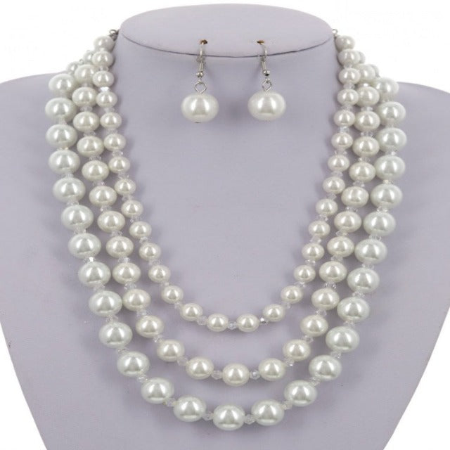 White 3 Strand Pearl Synthetic Graduating Necklace and Earring Set