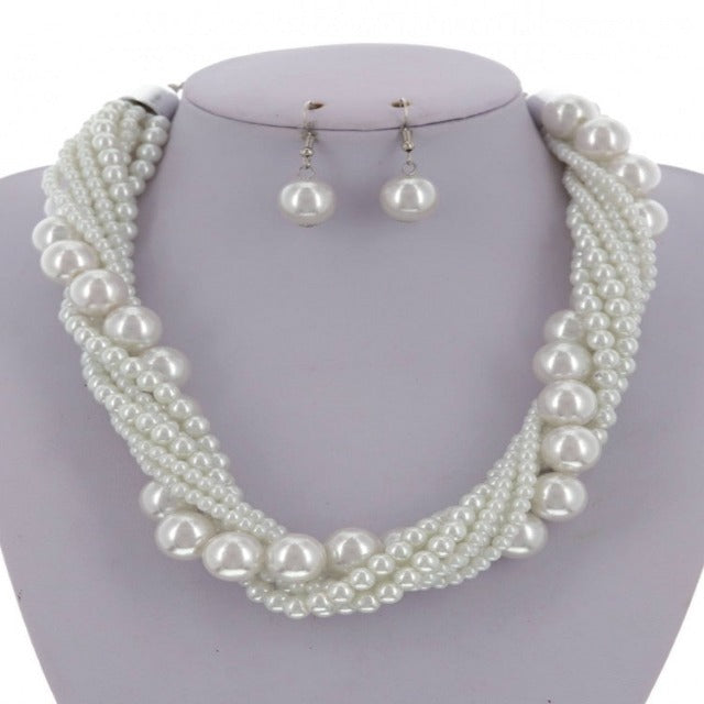 White Multi-Strand Statement Pearl Necklace and Earring Set
