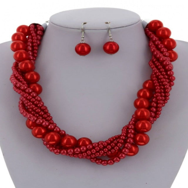 Red Multi-Strand Statement Pearl Necklace and Earring Set