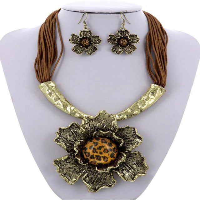 Gold and Brown Animal Print Floral Leatherette Necklace and Earring Set