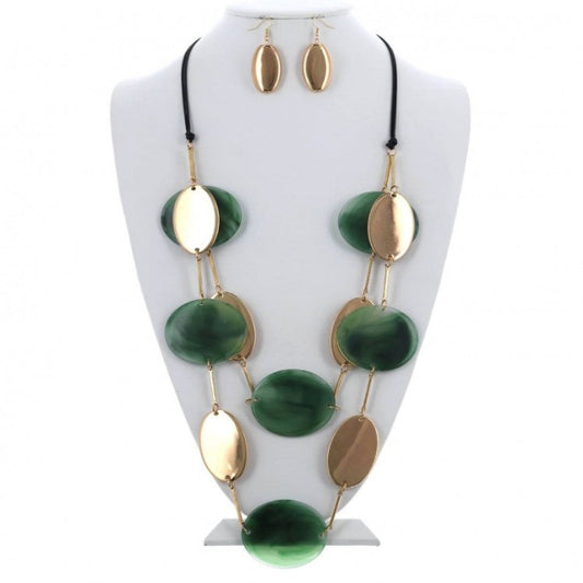 Green and Gold Long Oval and Round Necklace and Earring Set