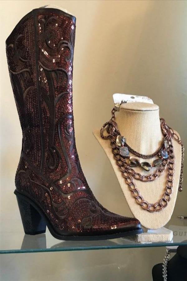 Brown Sequin Embroidered Bling western Boots with Zipper Closure