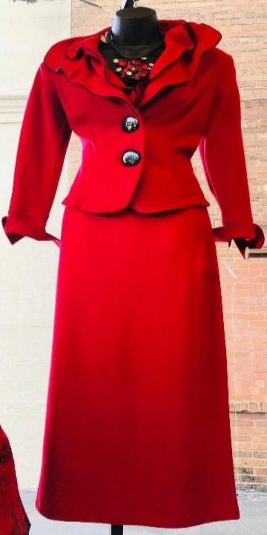 Red Two Piece Skirt Suit With Wired Collar Trimmed in Black 