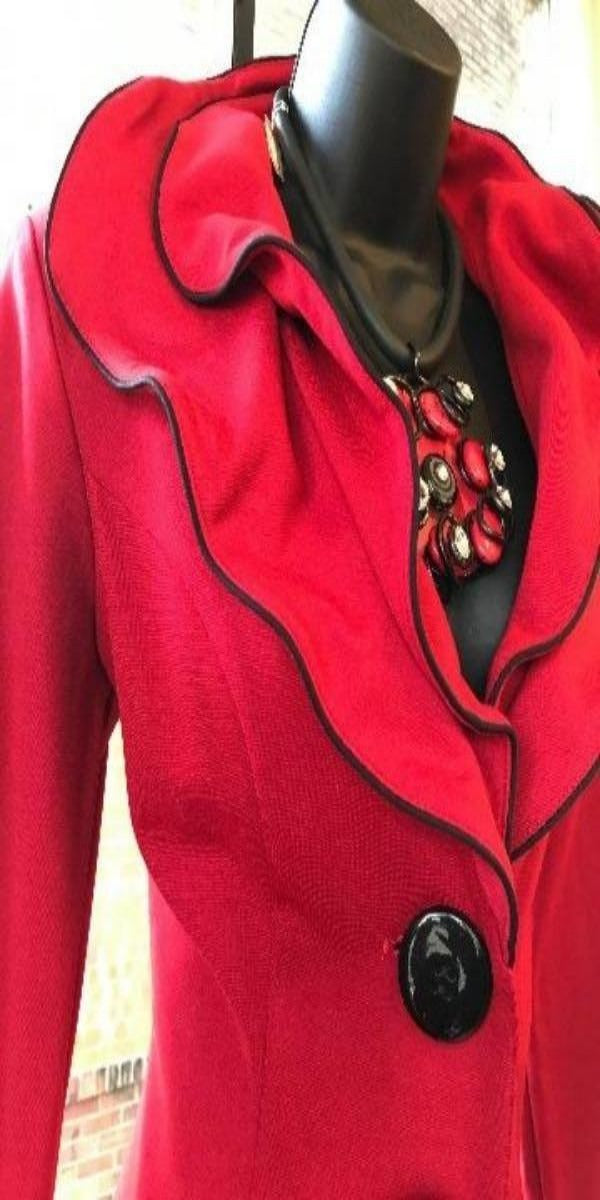 Design Today Red Two-Piece Skirt Suit With Wired Collar Trimmed in Black