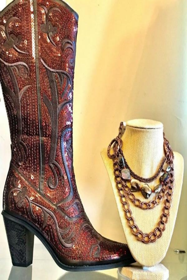 Brown Sequin Embroidered bling western boots with Zipper closure