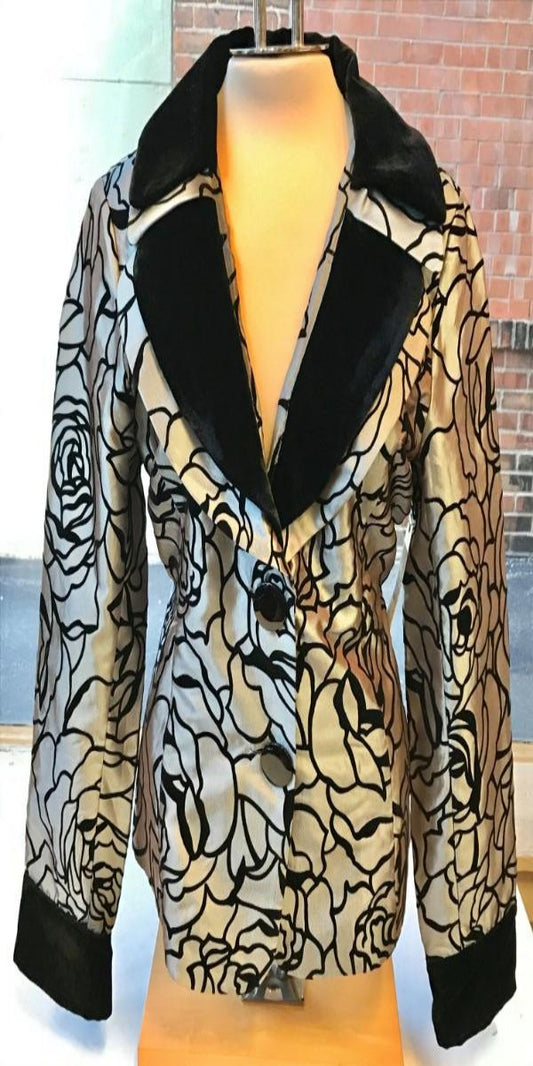 Silver and Black Flocked Floral Print button up Jacket. 