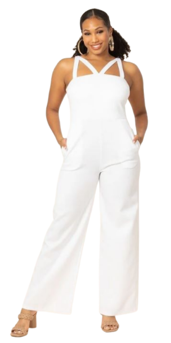 White Sleeveless Jumpsuit with Criss-Cross Detail 