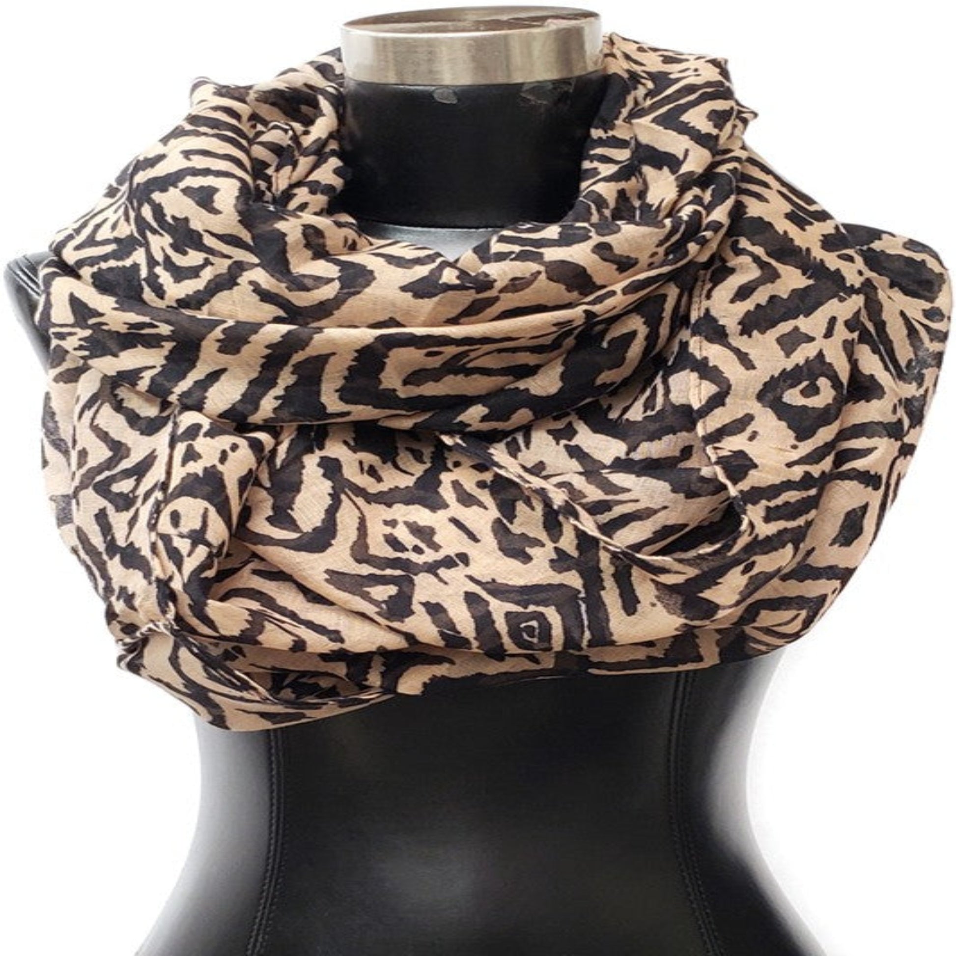 aztec pattern super  soft infinity  scarf  black and tan