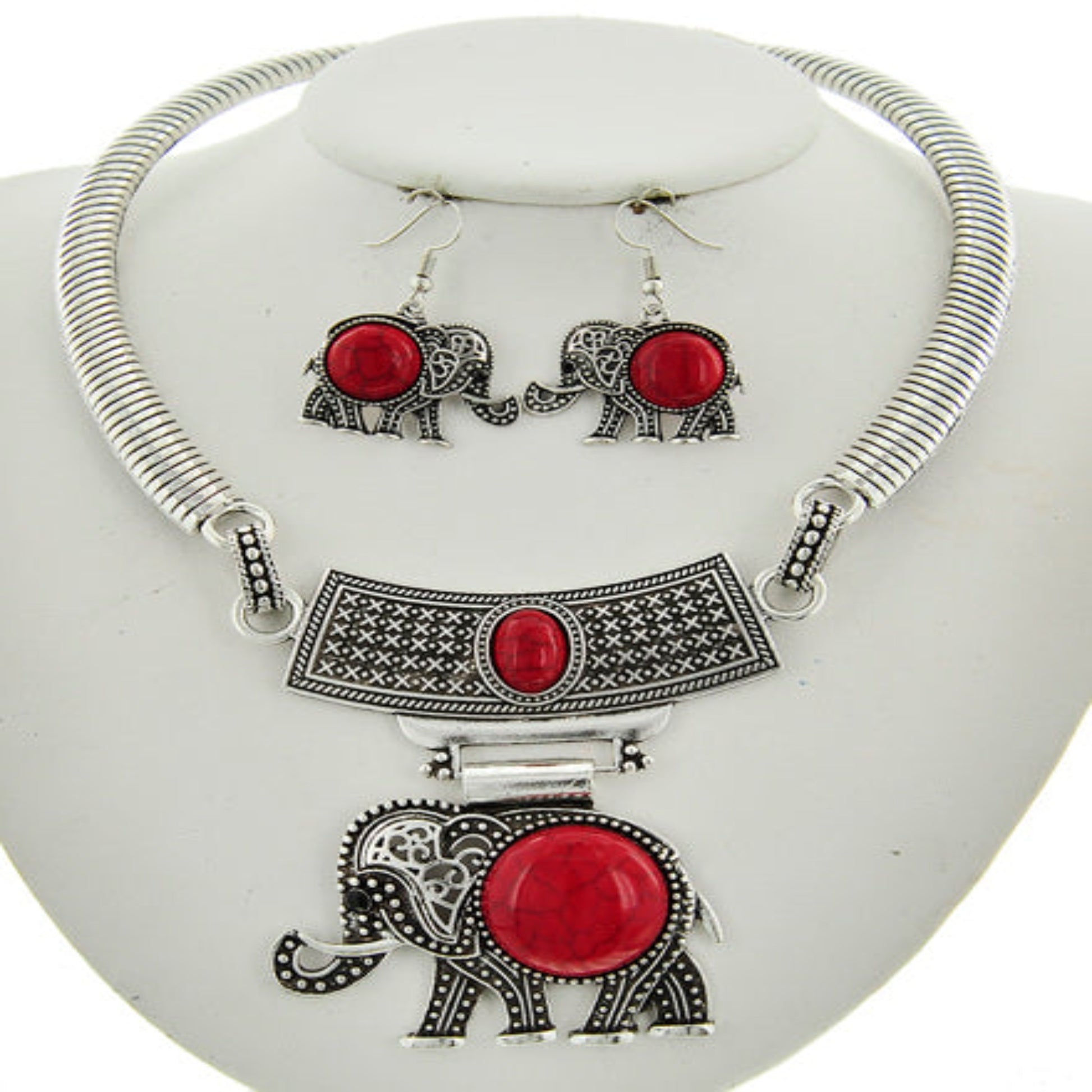 Antique Silver look and Red elephant pendant necklace and earrings set