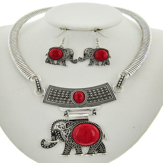 Antique Silver and Red elephant pendant necklace and earrings set