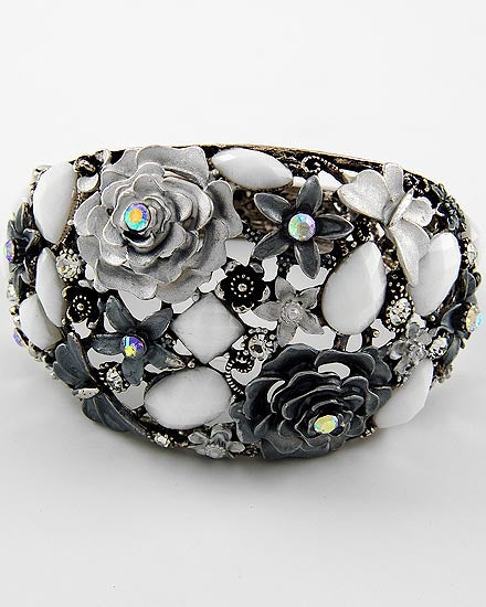 Black White and Antique Silver Flower Bracelet