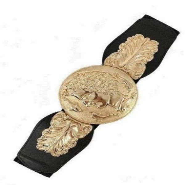 Gold Metal Coin Feather Elastic Wide Belt