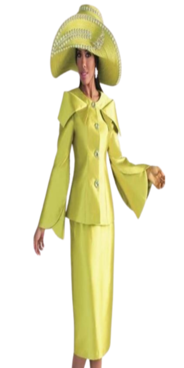 Green Ladies Two-Piece Skirt Suit with Expanded Collar and Jeweled Buttons