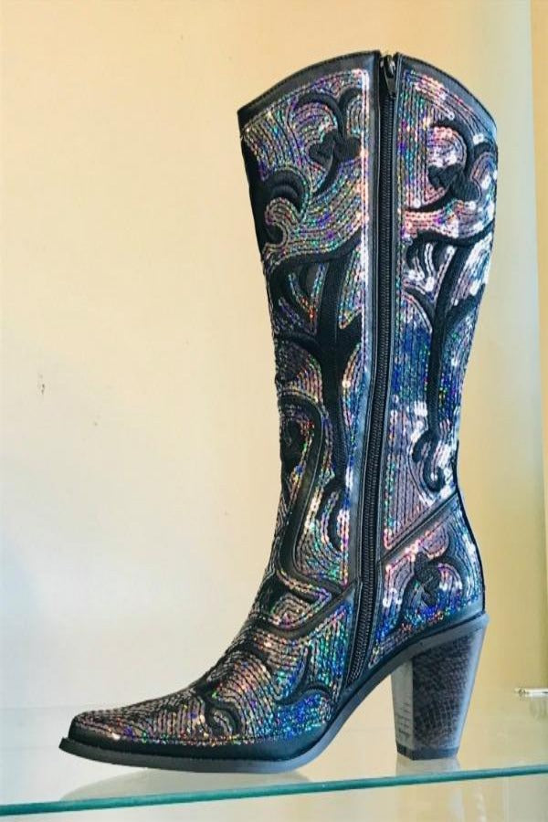Blue Black Sequin Embroidered Bling Western Boots with Zipper Closure