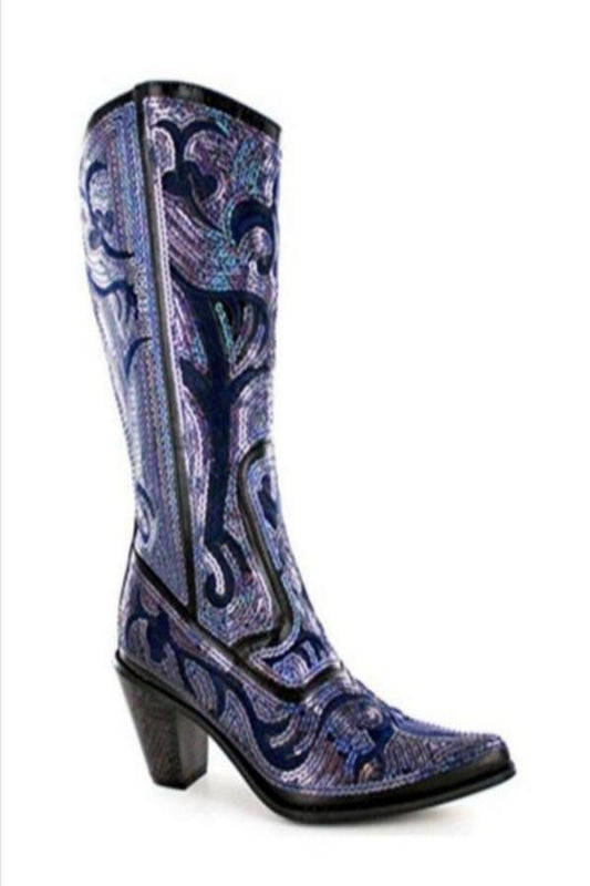 Blue Black Sequin Embroidered Bling Western Boots with Zipper Closure