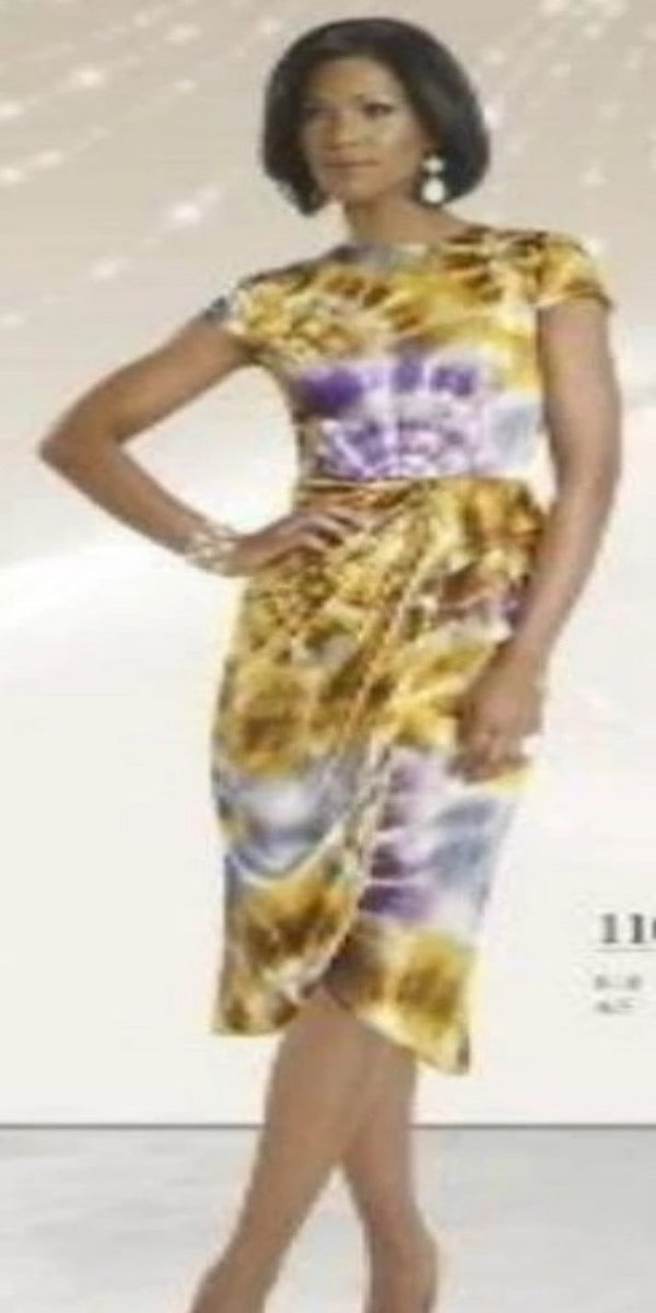 Yellow/Purple Tie-Dye Faux Wrap Dress with ruching at waist