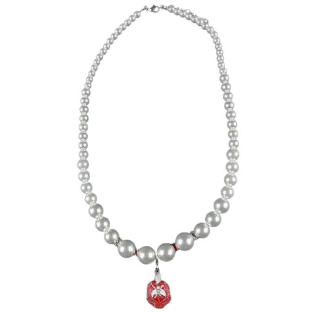Delta Sigma Theta Pearl Necklace with Red Shield