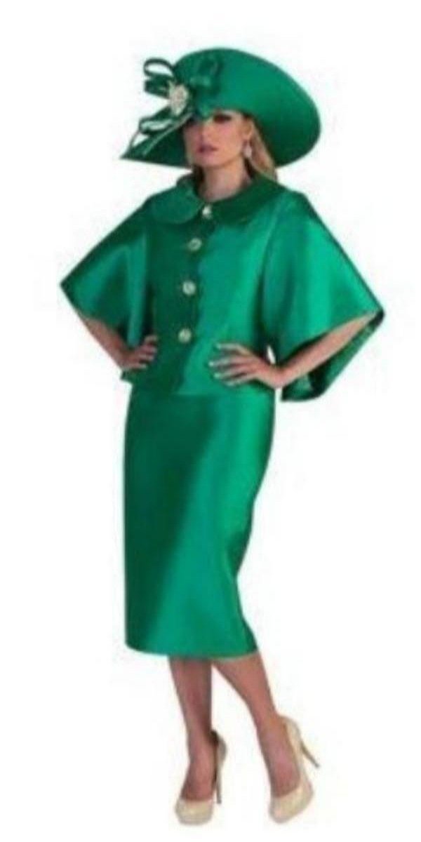 Emerald Dark Skirt Suit with Butterfly Sleeves and Jeweled Buttons