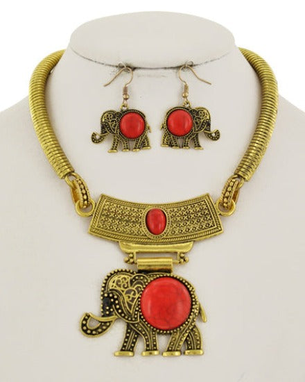 Gold and Red metal Elephant pendant necklace and earring set 