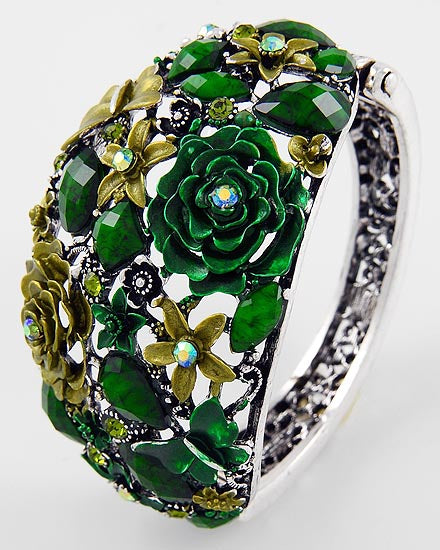 Green and Antique Silver Flower Bracelet