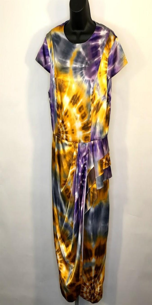 Yellow/Purple Tie Dye  Faux Wrap Dress w/ruching at waist