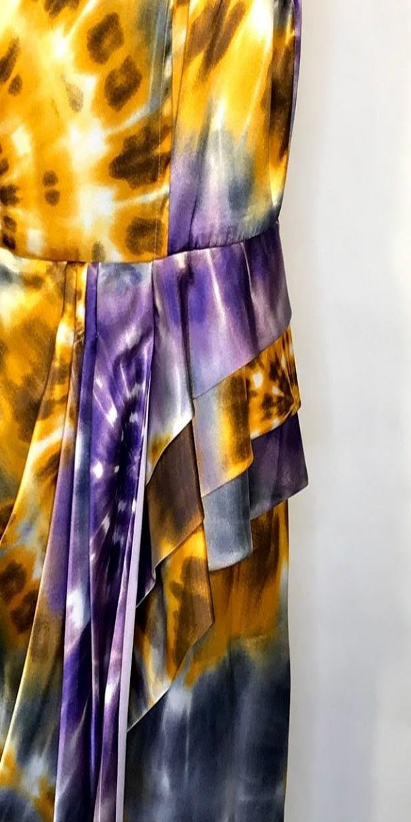 Yellow/Purple Tie-Dye Faux Wrap Dress with ruching  at waist