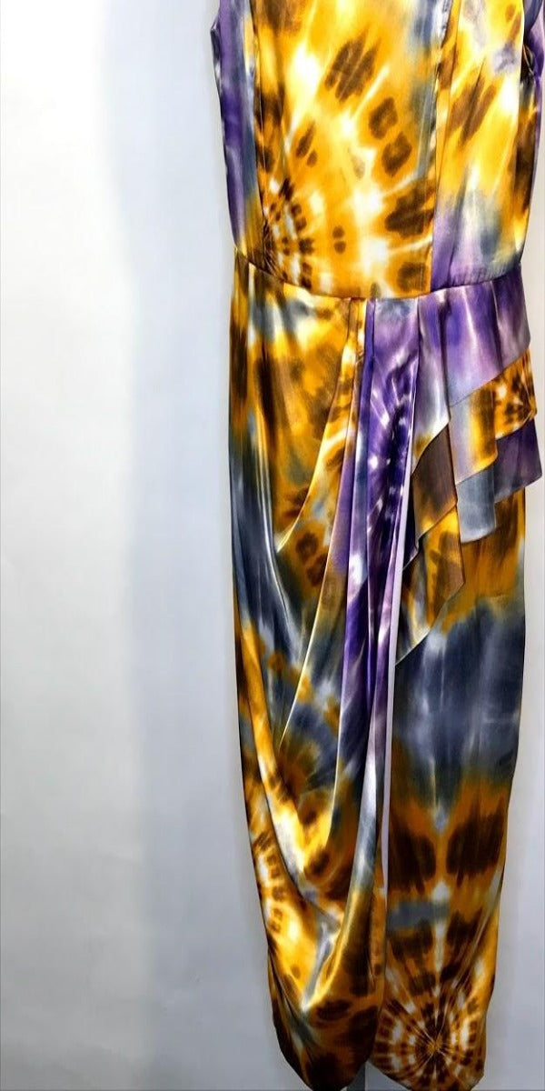 Yellow/Purple Tie-Dye Faux Wrap Dress with ruching at waist
