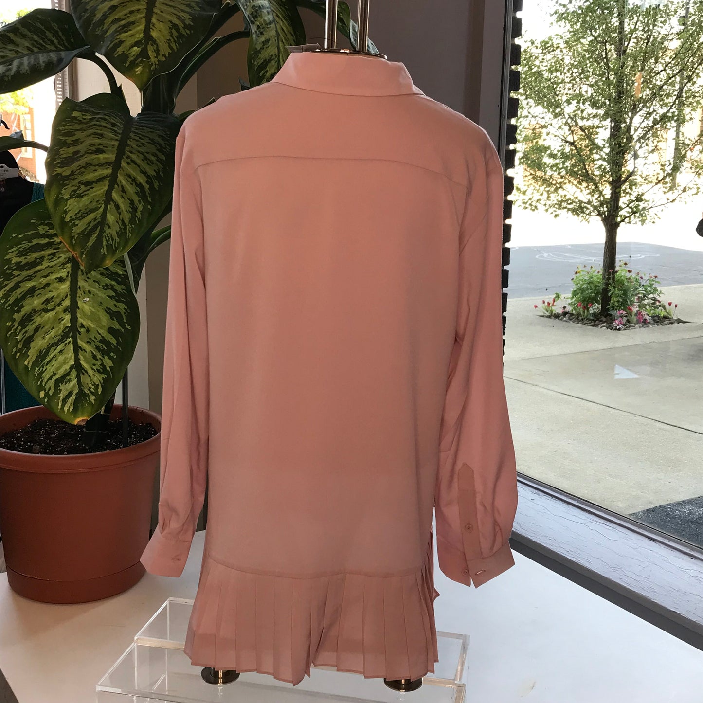 Dusty Rose Pleated Hem Button-Up Blouse