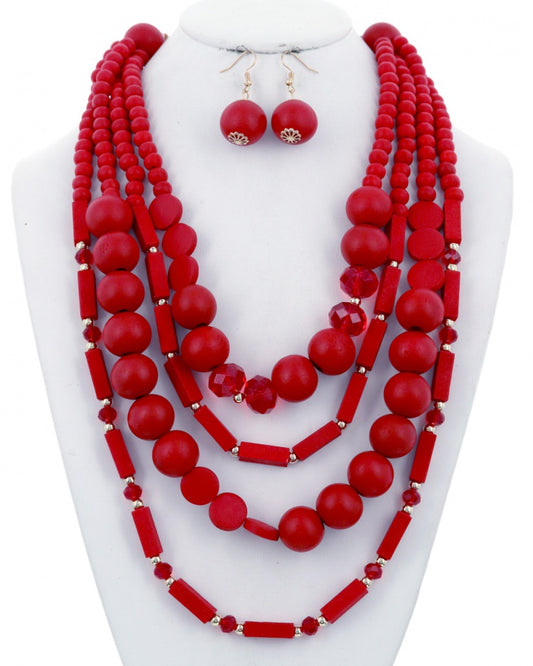 Red multi strand acrylic wood Necklace and earring set
