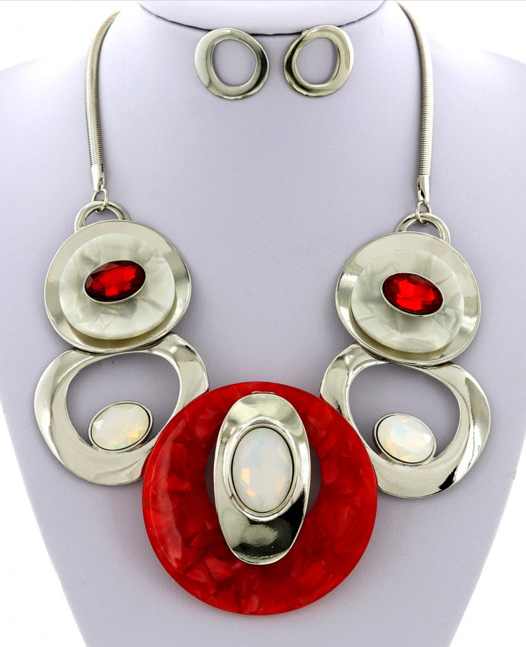 Red/Silver necklace and earring set