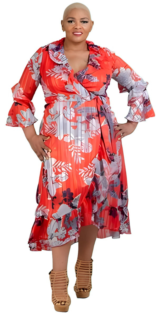 Red floral faux wrap dress 