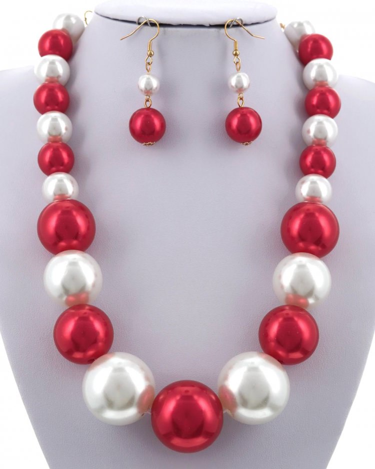 Red statement Acrylic Pearl Necklace and Earring set