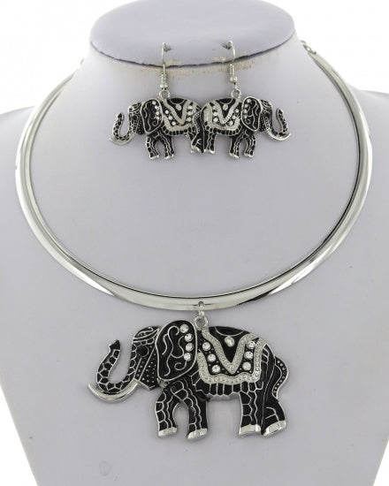 Silver Black Clear elephant Necklace and earrings set
