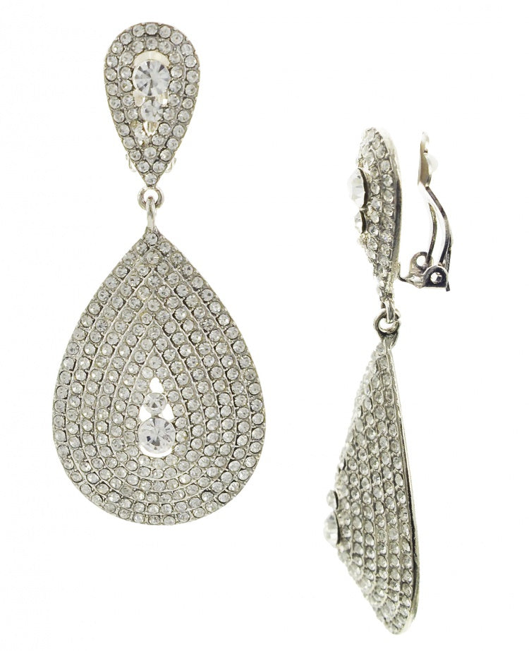 Silver Elegant Rhinestone Teardrop Dangle earring clips
