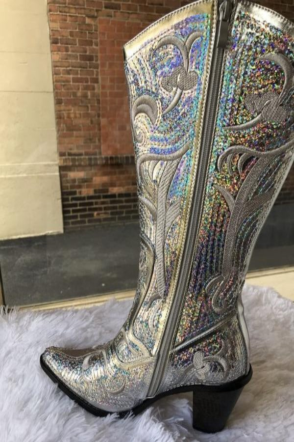 Silver Sequin Embroidered Bling Western Boots with Zipper Closure