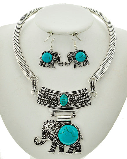 Silver & Turquoise Elephant Necklace & Earring Set