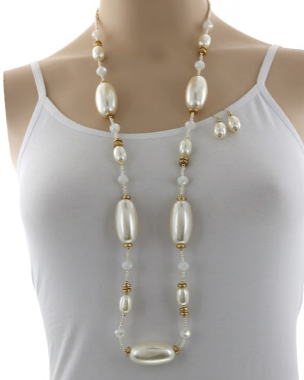 Pearl statement long necklace and earring set